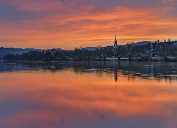Kościół, Zachód słońca, Rzeka Mozela, Brauneberg, Niemcy