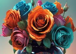 Bukiet, Kwiaty, Kolorowe, Róże, Wazon, 2D