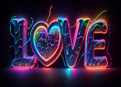 Miłość, Neon, Napis, Love, Czarne, Tło, Grafika