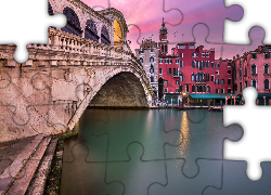 Włochy, Wenecja, Kanał Grande, Zachód słońca, Most Rialto, Kościół San Bartolomeo