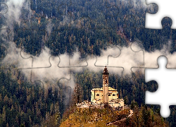 Wzgórze, Kościół, Las, Mgła, Castello Molina di Fiemme, Włochy