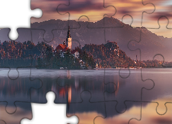 Kościół Zwiastowania Marii Panny, Jezioro Bled, Odbicie, Góry, Słowenia