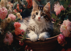 Kot, Kwiaty, Donica