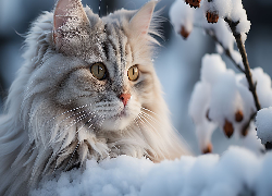 Kot, Śnieg, Gałązka, Zima