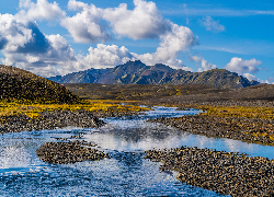Islandia, Landmannalaugar, Góry, Kręta, Rzeka, Chmury