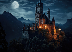 Zamek, Noc, Księżyc, Góry, Grafika