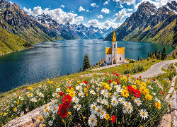 Góry, Jezioro, Kościół, Kwiaty, Chmury, Grafika
