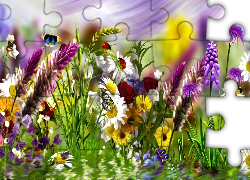 Kwiaty, Motylki, Biedronki, Łąka, Grafika