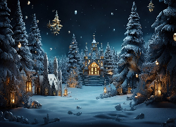 Zima, Boże Narodzenie, Drzewa, Choinki, Ośnieżone, Latarnie, Kościółek, Domy, 2D
