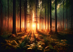 Las, Drzewa, Paprocie, Przebijające światło, Wschód słońca, 2D