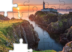 Latarnia morska, Fanad Head Lighthouse, Morze, Skały, Zachód słońca, Portsalon, Hrabstwo Donegal, Irlandia