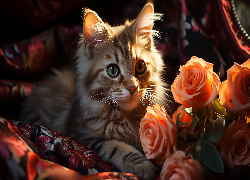 Puszysty, Kot, Kwiaty, Pomarańczowe, Róże
