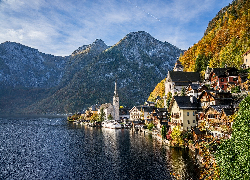 Austria, Hallstatt, Domy, Kościół, Góry, Jezioro Hallstattersee