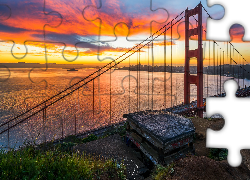 Most, Golden Gate Bridge, Cieśnina Golden Gate, Zachód słońca, Stan Kalifornia, Stany Zjednoczone