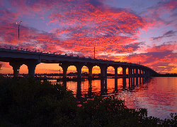 Stany Zjednoczone, Floryda, Rzeka, Indian River, Most, Zachód słońca, Chmury