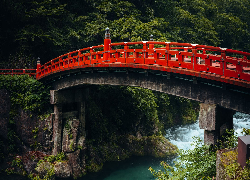 Czerwony, Most, Shinkyo Bridge, Rzeka, Drzewa, Nikko, Japonia
