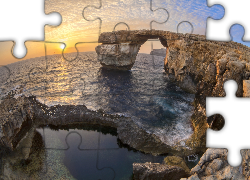 Morze, Wschód słońca, Skały, Most skalny, Lazurowe Okno, Azure Window, Malta, Efekt graficzny, Rybie oko