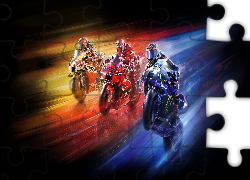 Gra, MotoGP, Motocykle, Honda, Ducati, Yamaha, Motocykliści, Ruch, Szybkość