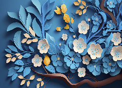 Grafika, Biało-niebieskie, Kwiaty