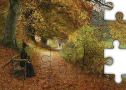 Obraz, Malarstwo, A wooded path in autumn, Hans Andersen Brendekilde, Jesień, Droga, Ławka, Kobieta