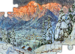 Malarstwo, Obraz, Alois Arnegger, Zima, Góry Alpy, Drzewa, Domy, Gmina Admont, Austria