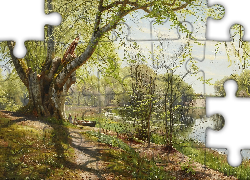 Obraz, Peder Monsted, Rzeka, Drzewo, Łódka, Ścieżka