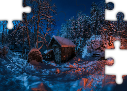 Zima, Las, Śnieg, Drzewa, Noc, Ognisko, Park Narodowy Oulanka, Drewniany, Młyn Myllykoski, Laponia, Finlandia
