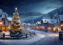 Zima, Boże Narodzenie, Choinka, Domy, Ogrodzenie
