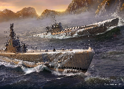 Gra, World of Warships, Okręty podwodne, Ocean, Skały, Cieśnina