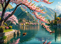 Wiosna, Grafika, Domy, Jezioro, Como Lake, Włochy