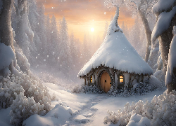 Domek, Hobbita, Zima, Śnieg, 2D
