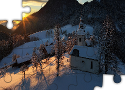 Zima, Góry, Drzewa, Kościół, Gmina Skofja Loka, Słowenia