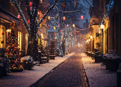 Dekoracja, Zima, Śnieg, Drzewa, Domy, Ulica, Choinka, Noc, Światła, Boże Narodzenie