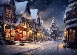 Boże Narodzenie, Miasto, Domy, Ulica, Dekoracja, Choinki, Śnieg, Noc