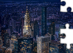Miasto nocą, Manhattan, Nowy Jork, Oświetlony, Wieżowiec, Chrysler Building, Stany Zjednoczone