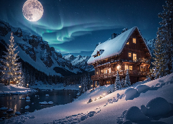 Zima, Dom, Księżyc, Góry, 2D