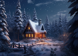Zima, Dom, Drzewa, Las, Śnieg, Ogrodzenie, Ścieżka, Światła, Noc, 2D