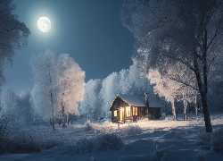 Zima, Las, Dom, Drzewa, Księżyc, Noc, Śnieg