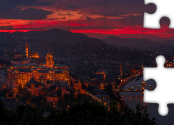 Zachód słońca, Zamek Królewski, Rzeka Dunaj, Most, Budapeszt, Węgry