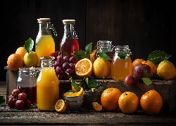 Owoce, Pomarańcze, Cytryny, Winogrona, Soki, Butelki