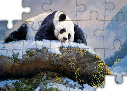 Panda wielka, Skała, Śnieg, Malarstwo, Nancy Glazier