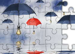 Deszcz, Parasolki, Żarówki, Grafika 2D