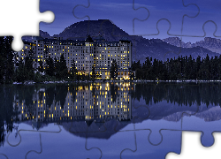 Lake Louise, Hotel, Jezioro, Góry, Noc, Kanada