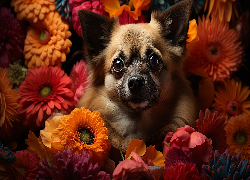 Pies, Mordka, Pomarańczowe, Kwiaty
