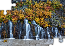 Jesień, Skały, Wodospad Hraunfossar, Pożółkła, Roślinność, Islandia
