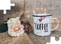 Kawa, Kwiaty, Róża, Garnuszek, Napis, Coffee lover