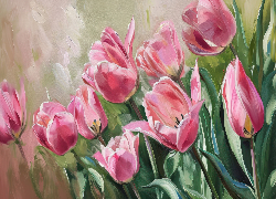 Malarstwo, Kwiaty, Różowe, Tulipany, Listki