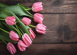 Kwiaty, Bukiet, Różowe, Tulipany, Deski