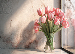 Kwiaty, Tulipany, Różowe, Wazon, Bukiet, Okno, Tło