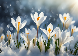 Białe, Krokusy, Kwiaty, Śnieg